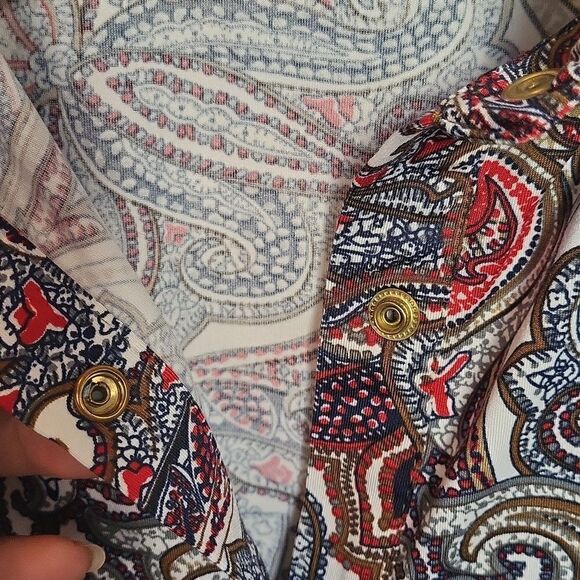 BCBGMaxazria Paisley Print Long Sleeved Button Down Shirt, Snap Closure Size L - Picture 7 of 9